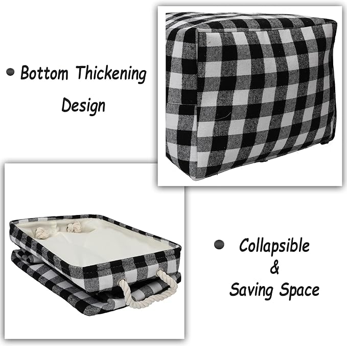 Large Rectangular Decorative Storage Bins Foldable Laundry Hamper Baskets Buffalo Grid Pattern with Rope Handles for Blankets, Toys, Nursery, White Black Grid, L