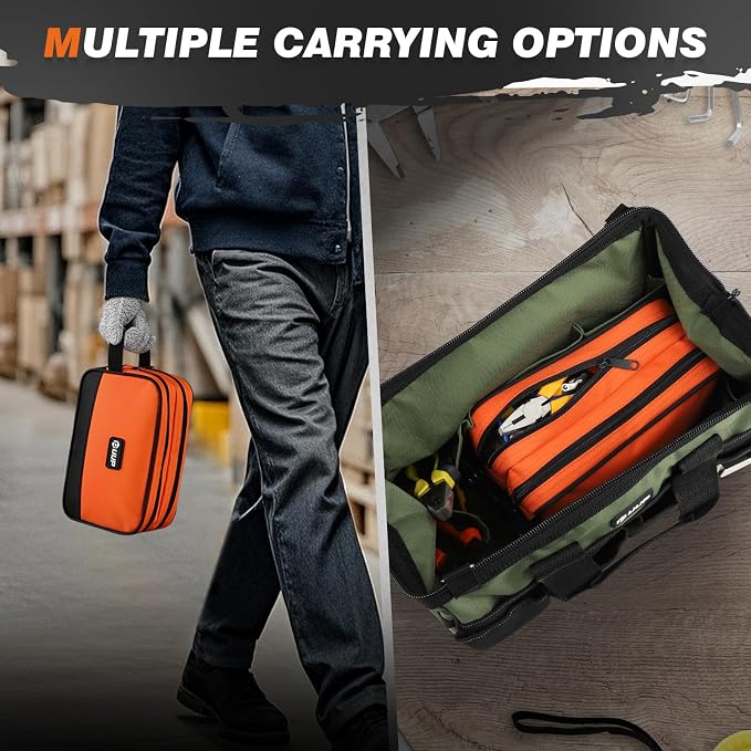 10" Small Tool Bag, Divider Zipper Pouch Tool Box Organizer | Waterproof, Heavy-duty Oxford, Smooth Zipper, Handle, Storage Case for Car Work Tool. Electrician Gift,Orange
