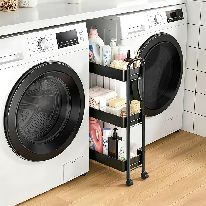 Slim Rolling Cart, Metal Frame Utility Rolling 3-Tier Narrow Storage Cart with Handle Kitchen Storage Organizer, Mobile Shelving Unit for Bathroom Kitchen
