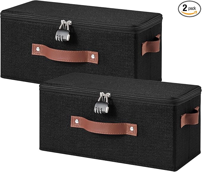 2PCS Storage Bins Box with Zipper Lid Combination Lock PU Leather Handles Cotton Linen Fabric Lockable Basket DVD CD Case Foldable Closet Shelf Organizer Container (Black, 13"x 6"x 6")