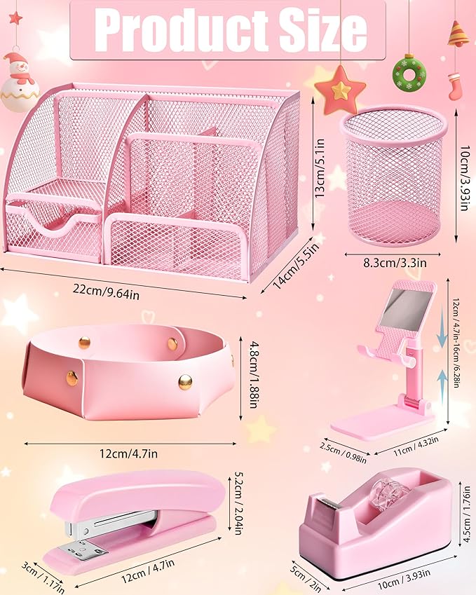 Pink Desk Accessories, 24Pcs Pink Office Supplies and Desk Organizers, with Tape Dispenser, Stapler, Staple Remover, Ect, Gift Box Packaging