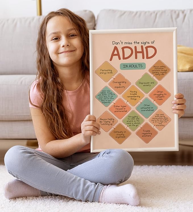 LOLUIS Mental Health Poster, Boho Therapy Tools Educational Supplies Art Print Classroom School Office Decor (ADHD in Adults, Custom Frame Type)