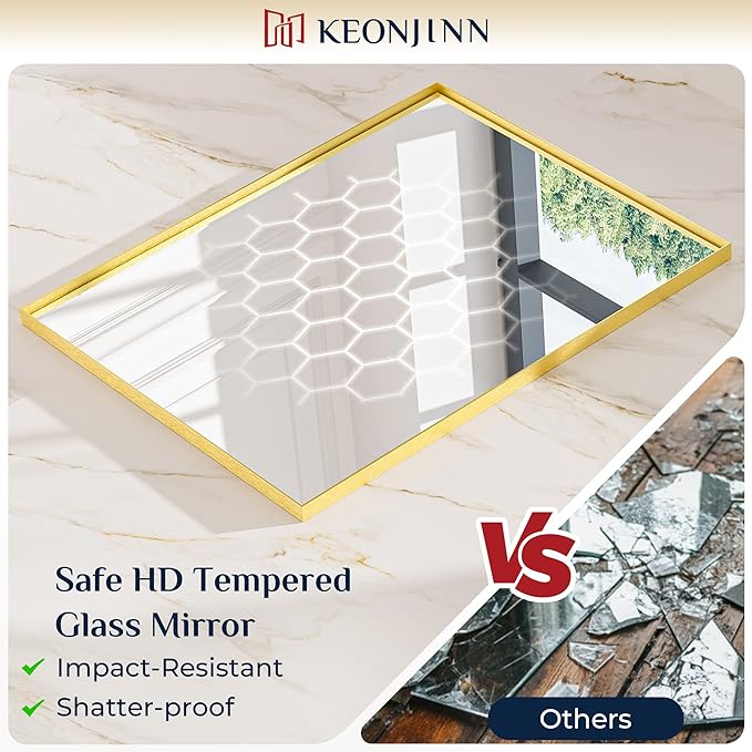 Keonjinn Gold Bathroom Mirror 48 x 30 Inch, Gold Trimmed Bathroom Wall Mirror, Large Brushed Metal Frame Mirrors for Over Sink, Modern Farmhouse Vanity Rectangle Mirrors(Horizontal/Vertical)