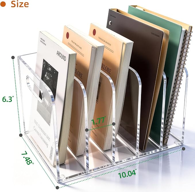 Clear Acrylic Magazine File Holder, 5 Compartment Desk Organizer | 5 spacious vertical compartments hold magazines, files, books & more. Clear acrylic, non-slip base. No assembly, portable.