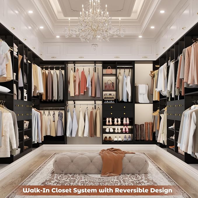 Closet System (Set of 3) with 4 Drawers, 8 Hanging Robs, 91.5"/151" Closet Organizer System with Corner Tower, Reversible Walk-in Closet System Corner Closet System, Black