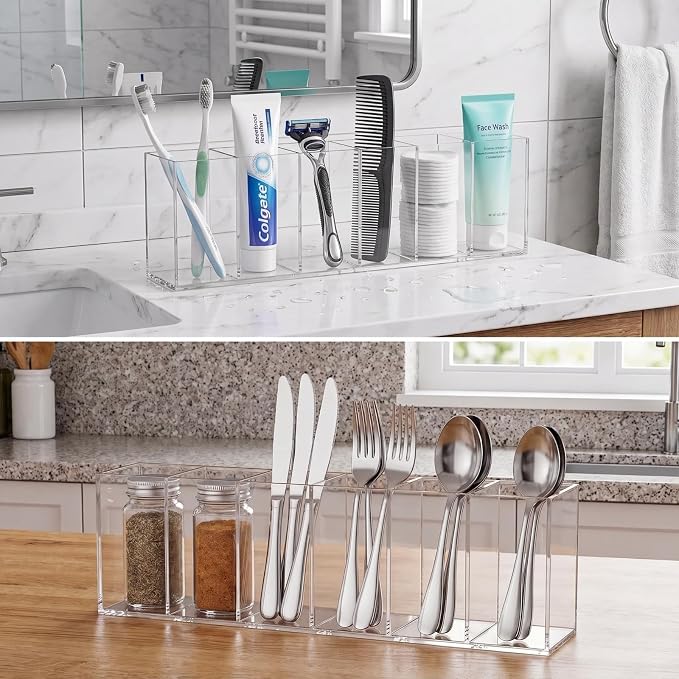 Jetec 6 Compartments Acrylic Pen Holder, Pencil Makeup Brush Holder(Clear) | Stationery Organizer Pencil Holder, Office Supplies, Clear, Acrylic, Desk Accessory Cosmetic Brush Countertop Desk Home