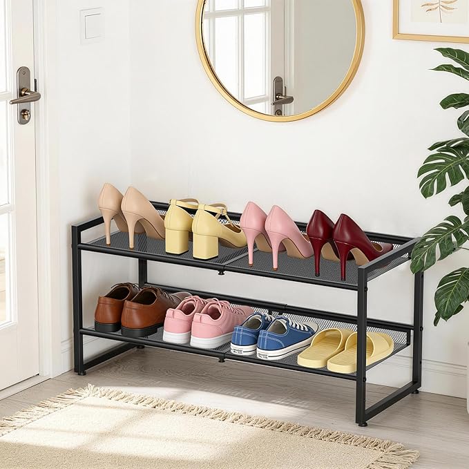 Expandable Shoe Rack, 2 Tier Adjustable Mesh Shoe Organizer for Entryway | Flat & Slant Dual Use Design, Sturdy Metal Mesh Shoe Shelf for High Heels, Stackable Shoe Storage Holder for Cloest, Garage