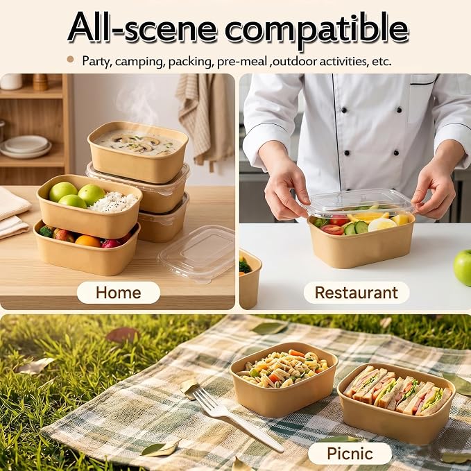 50 Pack 29Oz Disposable Meal Prep Containers With Lids and Forks-Disposable Kraft Paper Bowls-to go food containers-Microwavable and Freezer Safe Take Out Containers
