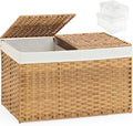 SETVSON Storage Basket with Lid Wicker Baskets for Storage with 2 Separate Lid 42.3 Gallon (160 L) 29.9 x 17.3 x 18.1 Inches Rattan Woven Large Wicker Basket with 2 Liners for Bedroom Laundry Natural