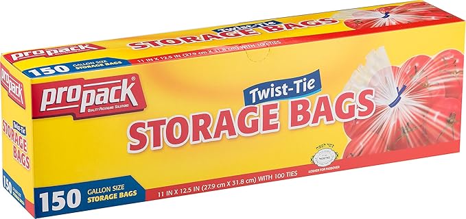 Disposable Plastic Storage Bags with Original Twist Tie, 1 Gallon Size, 150 Bags, Great for Home, Office, Vacation, Traveling, Sandwich, Fruits, Nuts, Cake, Cookies, Or Any Snacks (1 Packs)