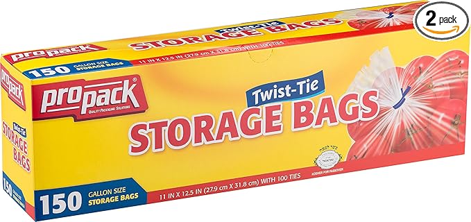 Disposable Plastic Storage Bags with Original Twist Tie, 1 Gallon Size, 300 Bags, Great for Home, Office, Vacation, Traveling, Sandwich, Fruits, Nuts, Cake, Cookies, Or Any Snacks (2 Packs)