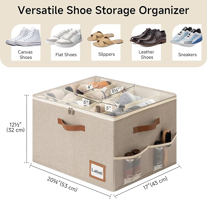 StorageWorks 2-Pack Closet Shoe Storage Organizer, Up to 32 Pairs, Brown | Fixed Compartments, Clear Lid & Label Window, Side Mesh Pocket for Accessories, Soft Handles, Fits Flats, Sandals & Low-Tops