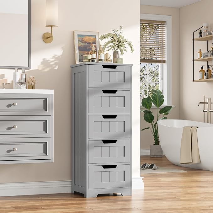 FOTOSOK Bathroom Cabinet, Bathroom Storage Cabinet with 5 Drawers, Wooden Storage Cabinets with Cut-Out Handles, 11.8” x 15.7” x 40.1” Bathrooms Floor Cabinets for Hallway/Living Room, Grey