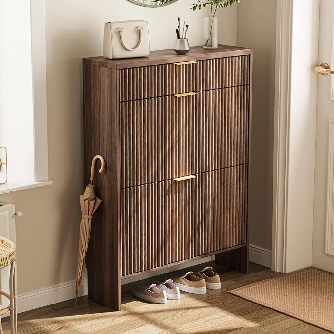 Fluted Shoe Cabinet Storage with 2 Flip Drawers & 1 Drawers, Wood Narrow Hidden Shoe Cabinet for Entryway, Freestanding Slim Shoe Rack Organizer for Foyer Hallway Living Room(Walnut)