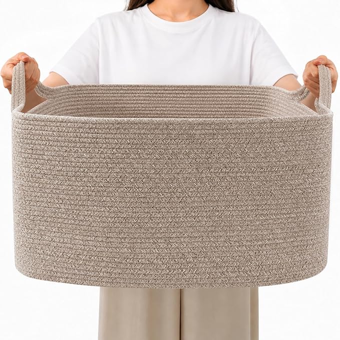 65L Collapsible Woven Rope Laundry Basket with Handles,Brown | 21x16x12 Foldable Rectangular Blanket Basket for Toys, Clothes & Pillows,Ideal for Nursery, Bathroom, Bedroom, Living Room