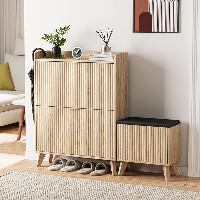 Fluted Shoe Cabinet Storage with Bench, Wood Narrow Hidden Shoe Cabinet with 2 Flip Drawers Wood Legs Adjustable Shelf for Entryway, L-Shaped Shoe Rack Organizer for Foyer Hallway Living Room