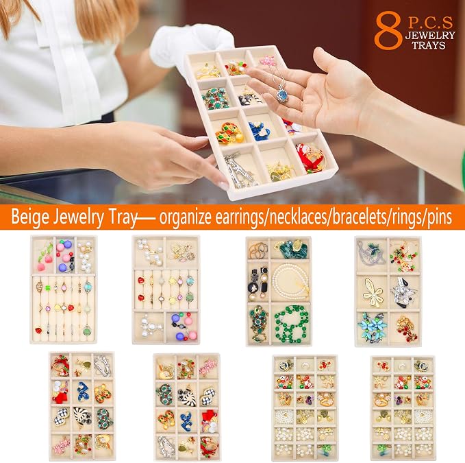 8Pack Jewelry Drawer Organizer Tray Velvet Jewellry Tray Stackable Jewel Storage Case for Earring Necklace Rings Bracelet Watch