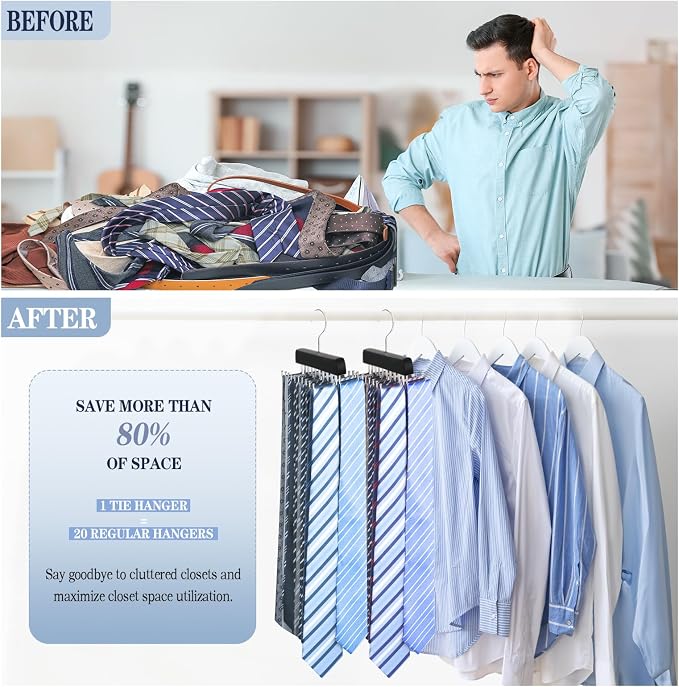 2 Pack Tie Rack Belt Hanger for Closet Upgraded Non Slip Tie Hanger Space Saving with 20 Foldable Hooks Wooden Belt Tie Organizer for Tank Tops Bras Cami Scarves