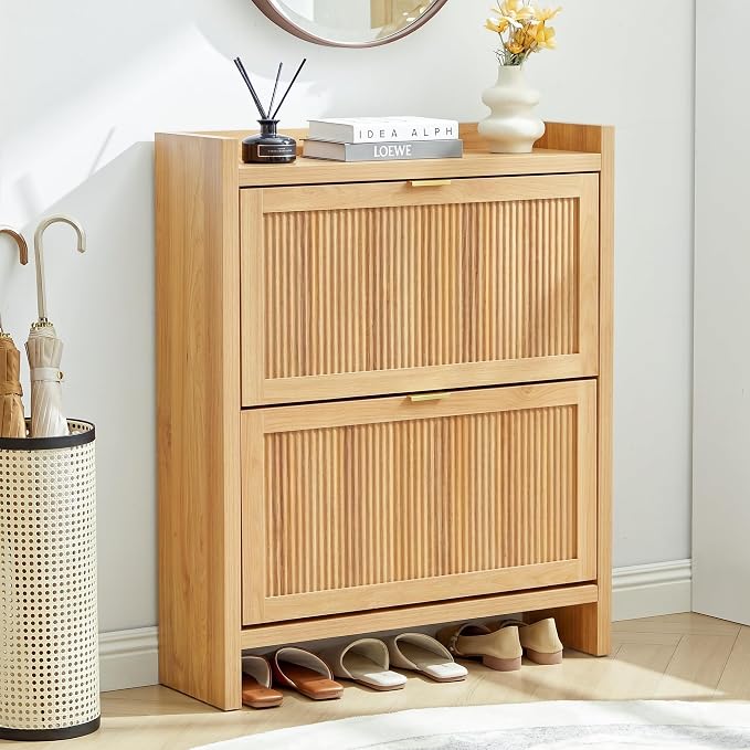 Fluted Shoe Storage Cabinet for Entryway, Farmhouse Narrow Shoe Organizer for Entryway with 2 Flip Drawers, Shoe Dresser for Hallway, Living Room (Natural)