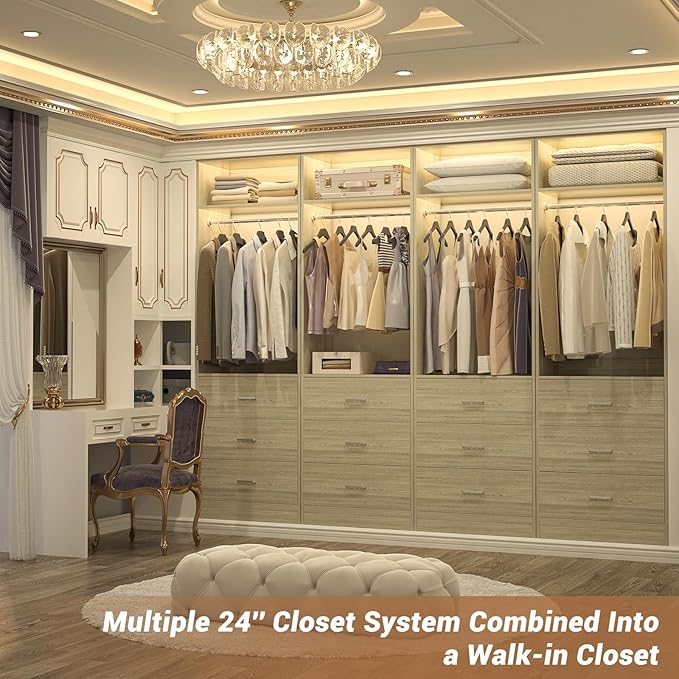Besiost Closet System Set of 4, 8FT Closet Systems with 12 Wood Drawers, 96" Closet Organizer System with 4 Hanging Rods & 4 Shelves,Heavy Duty 96 Inch Walk-in Closet,White Oak (96"L x 15" W x 80" H)