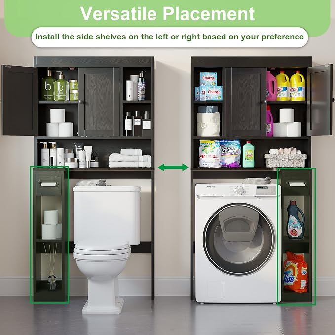 Over The Toilet Storage Cabinet with 7 Shelves, Imitation Walnut Grain Above Toilet Bathroom Organizer with Toilet Paper Holder Stand, Space Saver for Restroom, Laundry, Bathroom (Black)