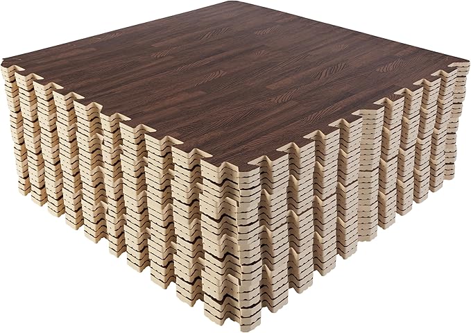 Foam Floor Tiles - 96sqft Wood Grain Interlocking Foam Tiles with Border - Foam Play Mat Playroom or Gym Flooring for Home Gym by Stalwart (Dark)