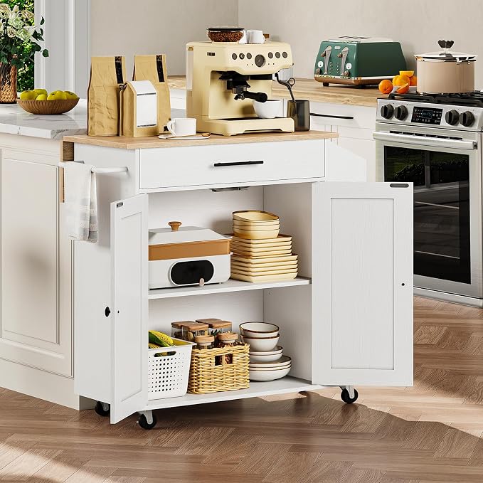 HOOBRO Kitchen Island with Drop Leaf, Rolling Kitchen Island Cart on Wheels | Kitchen Island on Wheels with Drawer & Spice Rack, Island Table with Adjustable Shelves, Kitchen Storage Cart wtih Towel Rack