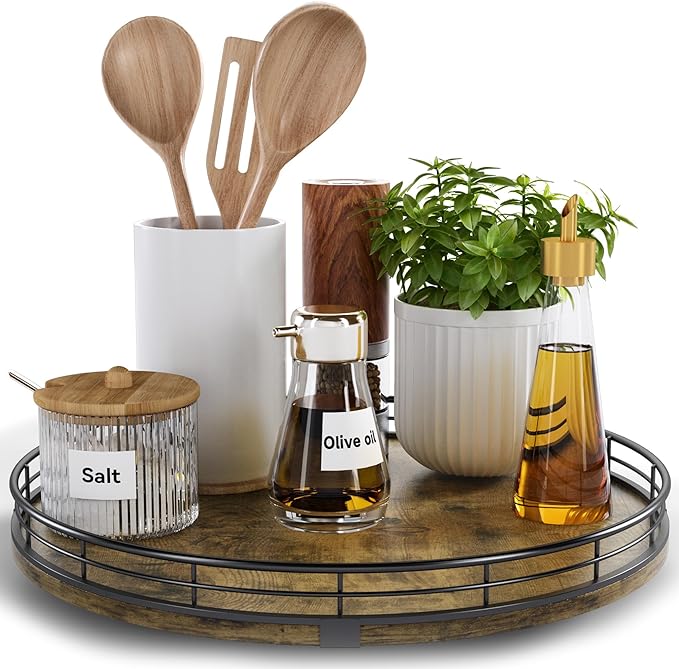 Lazy Susan Turntable Organizer for Table Top, 12’’ Round Wooden Lazy Susan for Cabinet Kitchen Countertop Pantry Dining Coffee Table for Condiments Spices, Rustic Bathroom Vanity Tray for Soap Candle
