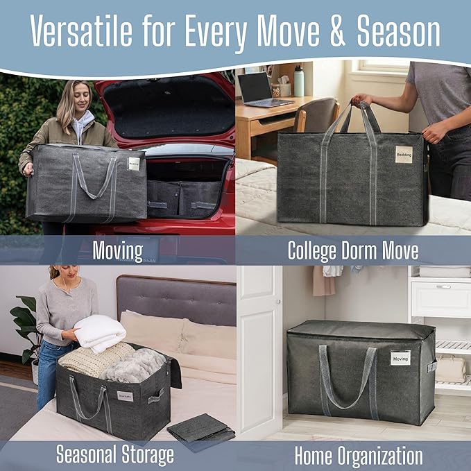 VENO 4 Pack Heavy Duty Moving Bags, Extra Large Storage Bags with Reinforced Handles & Strong Zippers, Foldable & Reusable Moving Box Alternative for Clothes & Dorm Storage