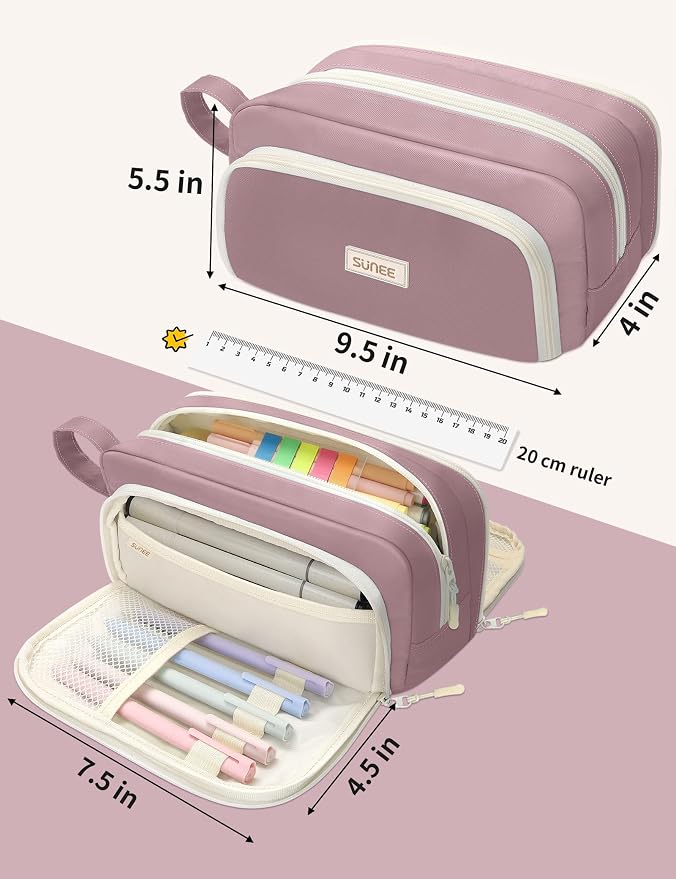 SUNEE Cute Pencil Case, Aesthetic Pen Pouch with 3 Compartments, Kawaii Colored Large Pencil Bag with Zipper, Stationery Storage and Organizer, Purple School Supplies for Teen and Adult Girls