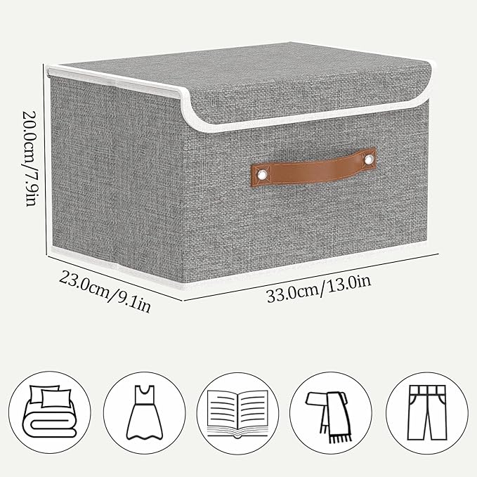 OUTBROS Large Fabric Storage Box with Lid, Collapsible Wardrobe Organiser, Linen Cubes For Towels, Clothes, 13 x 9.1 x 7.9 inch (Grey, 3-Pack)