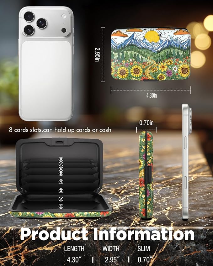 Maicican RFID Blocking Aluminum Credit Card Holder | Slim Metal Wallet for Women & Men, Business Card Case for Travel, Fits Front Pocket, Card holder wallet - Sunflower Mountain