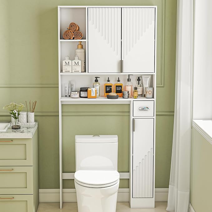 GOODONE White Over The Toilet Storage Cabinet - with 3 Doors and Toilet Paper Holder Stand, FreeStanding, for Bathroom, Restroom, Laundry