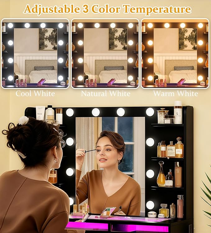 HUAHUU Vanity Desk with Mirror and Lights, Makeup Vanity Desk with Lights 3 Colors, Transparent Top Vanity with 2 RGB Drawers, 6 Shelves, Large Tempered Cabinet, Power Outlet, for Bedroom, Black