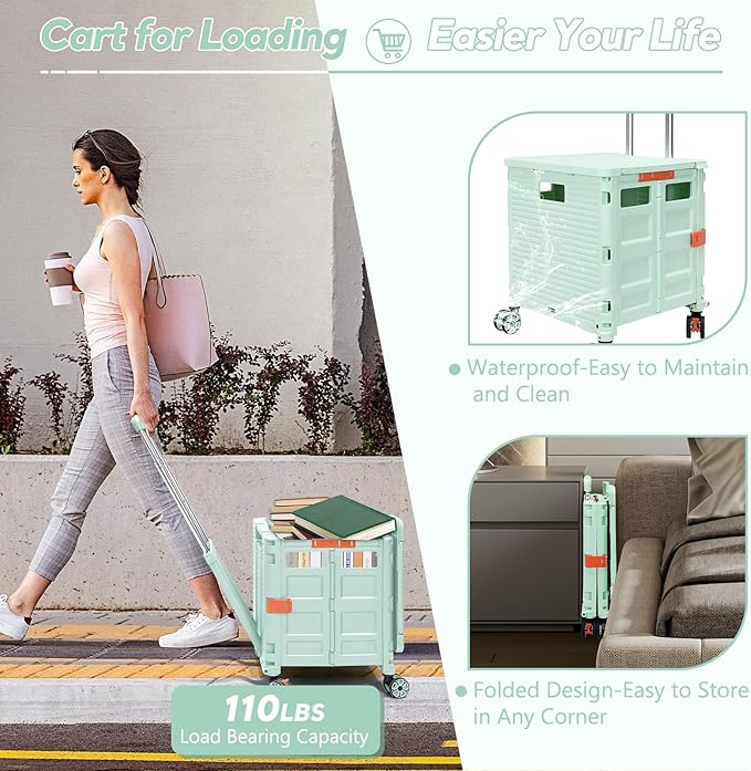 SELORSS Foldable Utility Cart Rolling Crate Handcart Shopping Cart with Rotate Wheels Extended Magnetic Lid Telescoping Handle Adjustable Angle for Transports Groceries Office Teacher File(Green)