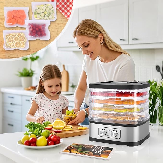Seeutek Food Dehydrator, 5 BPA-Free Trays Food Dehydrator Machine with Adjustable Temperature Control for Beef Jerky, Fruits, Vegetables, Includes Recipe Book & 4 Reusable Storage Bags