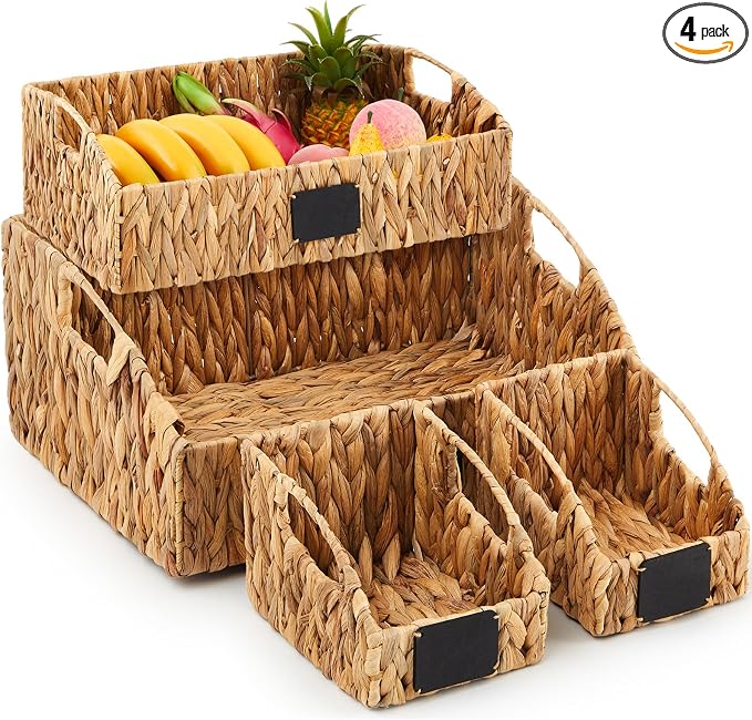 Wonderjune 4 Pcs Water Hyacinth Storage Basket Set Boho Wicker Rattan Pantry Basket with Chalkboard Label Handles Woven Container Kitchen Laundry Large Small for Shelves Food Home Bathroom Decor