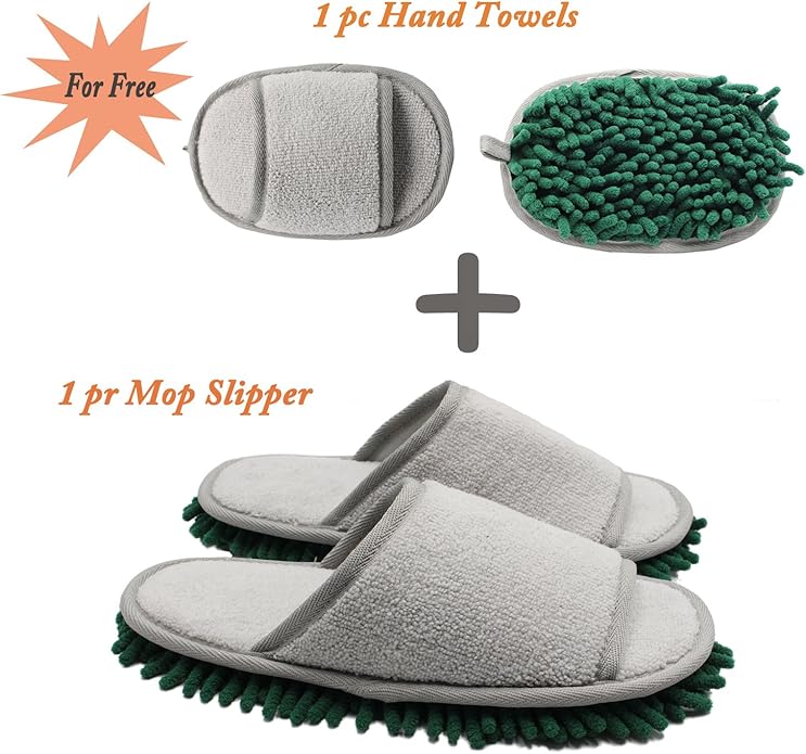ofoot Womens Open Toe Microfiber Floor Dust Cleaning Mop Slippers & Hand Towels Set 10 4/5"(Size 9-10)