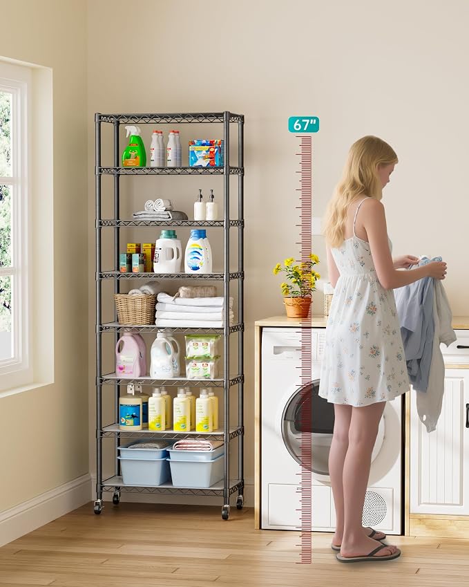 Golpart Shelves Storage Shelf Wire Closet Bathroom Organizers Metal Pantry | 8 tier Kitchen Garage Shelving Unit Laundry Room Organization Home Rack Net Basket Black with Wheels 11.7”D X 22”W X 74.2”H