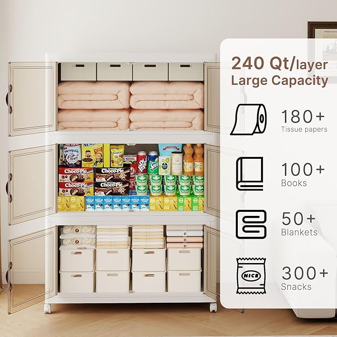 940QT Extra Large Stackable Storage Bins with Lids & Wheels & Door, 235Gal Foldable Collapsible Closet Organizers, Plastic containers drawers for bedroom Dorm