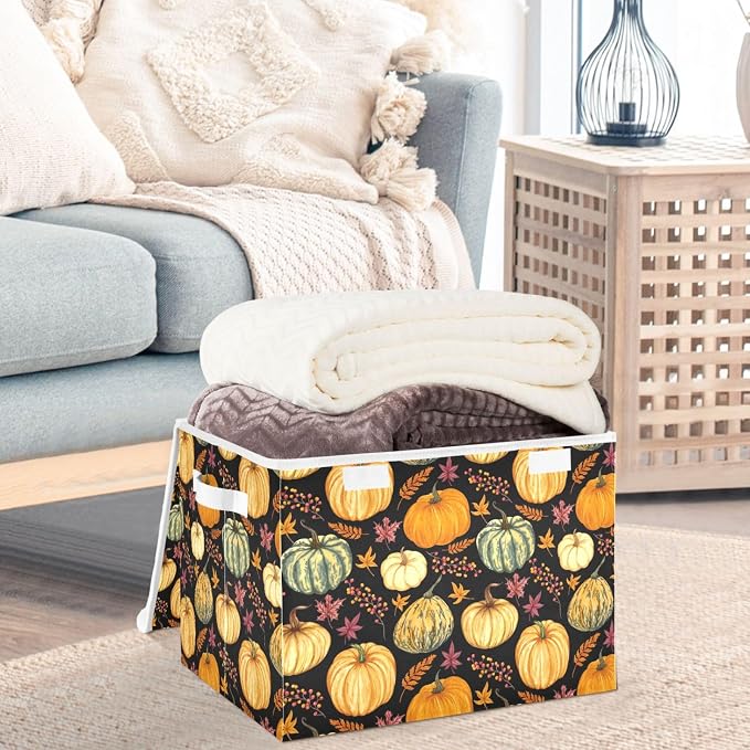 CaTaKu Pumpkins Fall Leaves Storage Bins with Lids and Handles, Fabric Large Storage Container Cube Basket with Lid Decorative Storage Boxes for Organizing Clothes