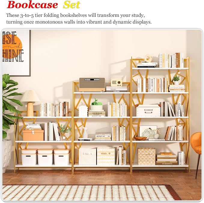 UDD No Assembly Wide Folding Bookshelf, 34" H x 30.9" W, 3 Tier Foldable Book Shelf Industrial Bookcase, Vintage Collapsible Storage Shelves for Home Office Living Room Bedroom, White Gold