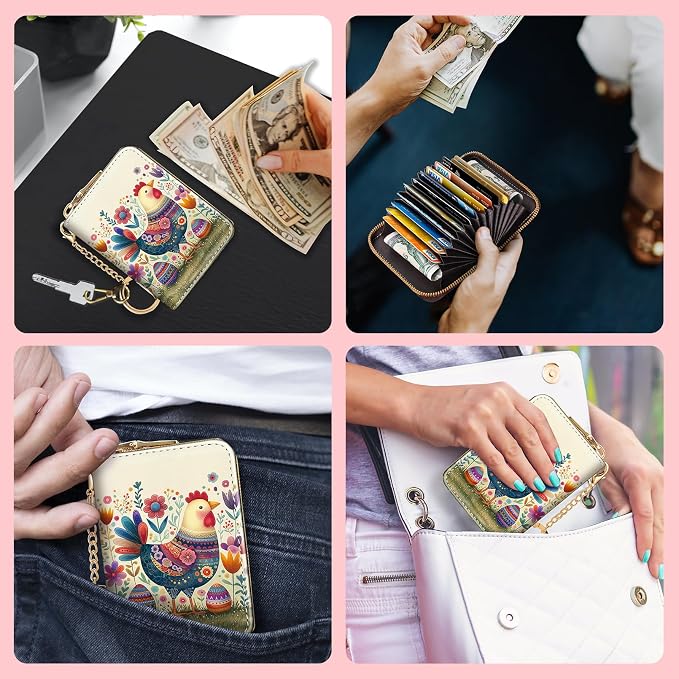 Blusabaca RFID Credit Card Holder Small Women Travel Wallet, Chicken Eggs | Removable Keychain, Case with Zipper, Vegan PU Leather, Cash Coin Pocket, Business Accordion Purse, Ladies Female Gift