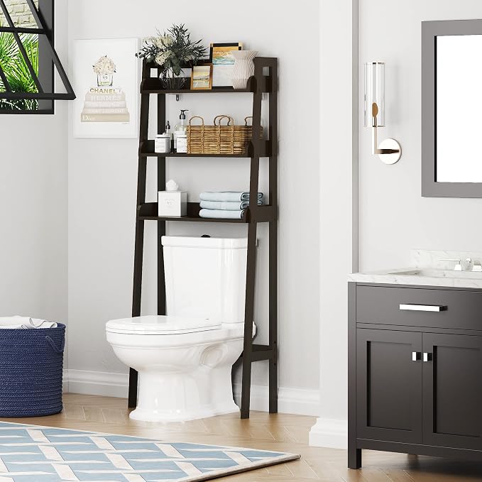 UTEX Behind Toilet Bathroom Organizer, 3-Tier Wood Ladder Shelf, Espresso | FSC-certified MDF, Modern Open Ladder-style Design, Raised Side Guards, Adjustable Lower Crossbar, 33-Inch Clearance