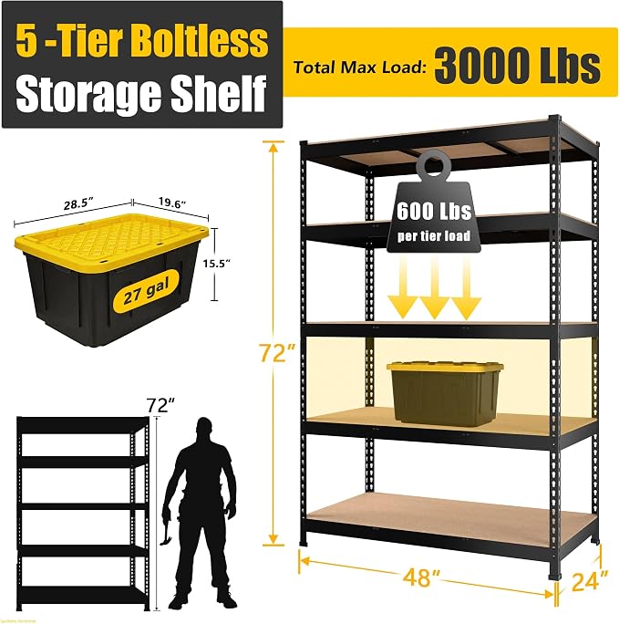 PrimeZone 48" x 24" x 72" Heavy Duty 5 Tier Adjustable Garage Storage Shelving, Metal Utility Rack Shelf Unit for Warehouse Pantry Closet Kitchen, Black, 5 Pack
