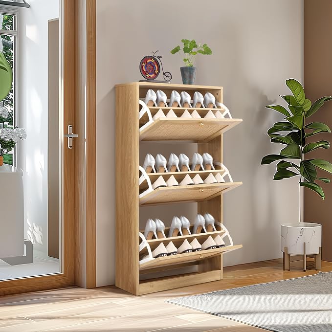 Finnhomy 3 Tier Shoe Cabinet with Natural Rattan Flip Drawers for Entryway, Free Standing Slim Shoe Storage Organizer with Large Top Board, Shoe Cabinet with Adjustable Width Drawers, Natural