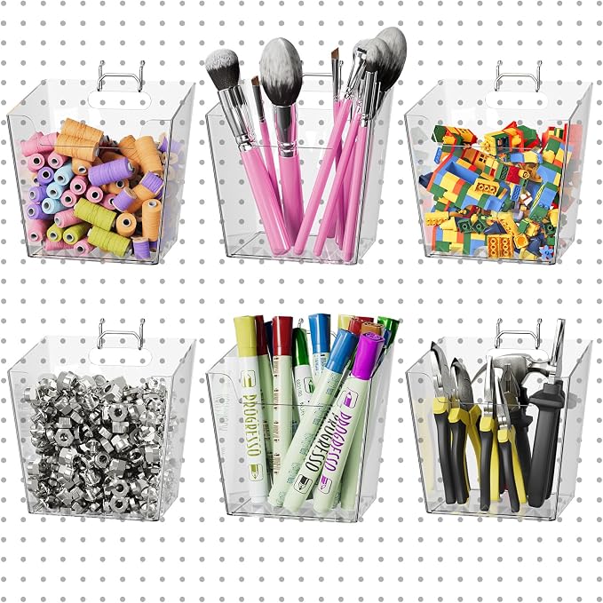 G.CORE Large Pegboard Cups Peg Board Storage Bin 6 Pack with Hooks, Square Box Shape Pegboard Cup Holder Accessories for Garage Workbench/Craft Room/Office/Playroom/Home Kitchen Organization (Clear) | Big Open-Mouth Cups, 1/8" 1/4" Pegboard Organizer A...