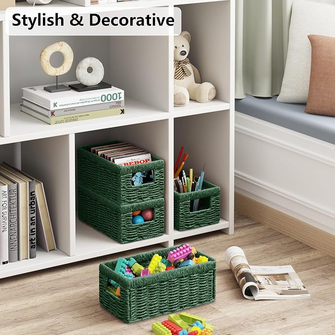 Vagusicc Wicker Storage Basket, Set of 2 Hand Woven Wicker Baskets for Organizing with Handles, Decorative Small Storage Bins for Countertop Toilet Paper Basket for Toilet Tank Top, Shelves, Green