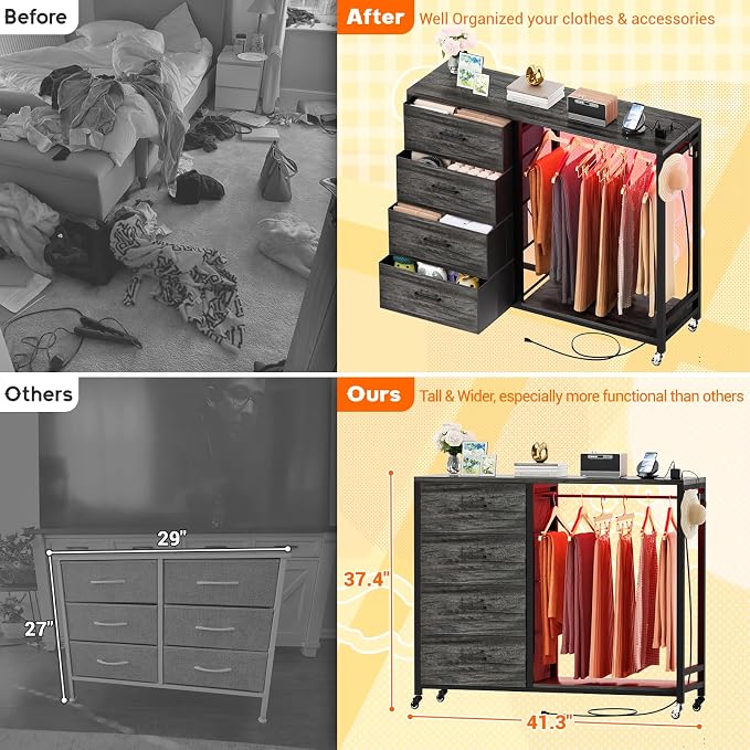 Cyclysio Storage Clothes Rack with 4 Drawers, Garment Rack with Charging Station & LED Lights, Fabric Chest Shelves Clothing Rack, Wooden Portable Wardrobe Closet