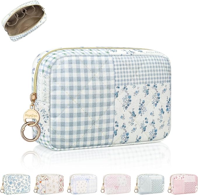Quilted Small Makeup Bag, Multi Pockets Cosmetic Pouch, PJ Blue | Floral Travel Makeup Pouch, Make Up Pouch for Women, Purse Organizer Pouches for Travel/ Gym/ Daily Use, Perfect Gifts